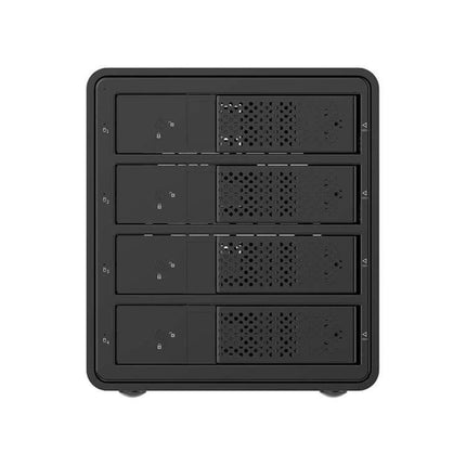 Orico 3.5-Inch Multi-Bay Hard Drive Enclosure in Black front view showing four drive bays and aluminum alloy chassis