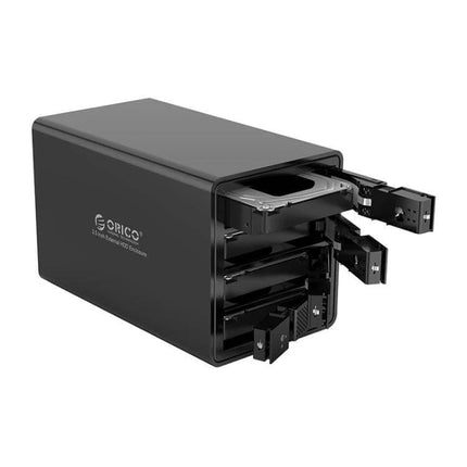 Orico 3.5-Inch Multi-Bay Hard Drive Enclosure in Black showing open drive bays and removable trays for multiple 3.5-inch HDDs