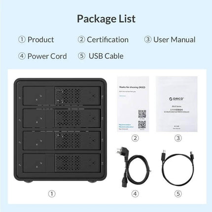 Orico 3.5-Inch Multi-Bay Hard Drive Enclosure in Black showing enclosure, certification, user manual, power cord, and USB cable
