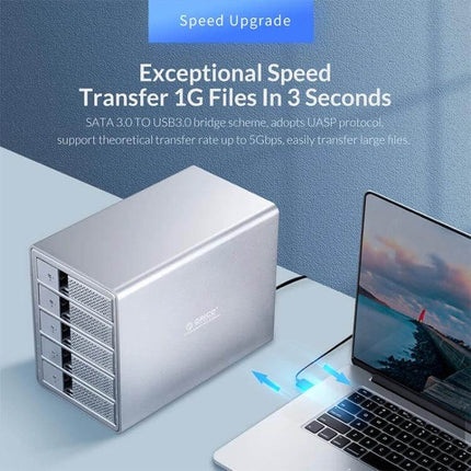 Orico 3.5-Inch Multi-Bay Hard Drive Enclosure in Black showing aluminum multi-bay unit connected to laptop for fast transfers
