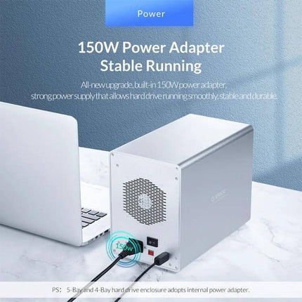 Orico 3.5-Inch Multi-Bay Hard Drive Enclosure in Black showing 150W power adapter connected to laptop and rear fan port