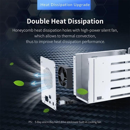 Orico 3.5-Inch Multi-Bay Hard Drive Enclosure in Black showing double heat dissipation with built-in fan and aluminum alloy construction