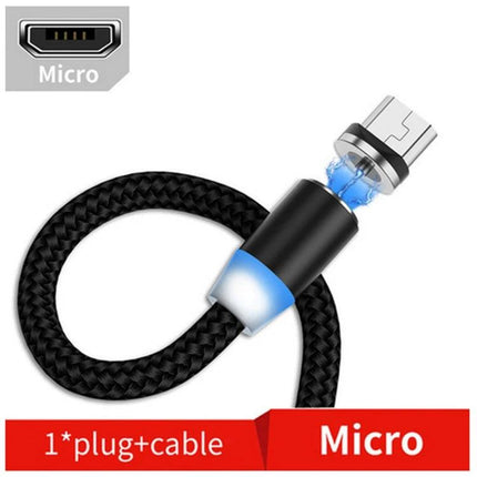 Magnetic USB Cable for Daily Phone Charging at Home showing black braided cable with magnetic micro USB connector and glowing alignment