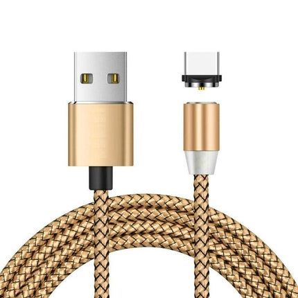 Essential Magnetic Cable for Everyday Device Charging - gold braided Type-C magnetic charging cable with USB-A connector and detachable magnetic tip