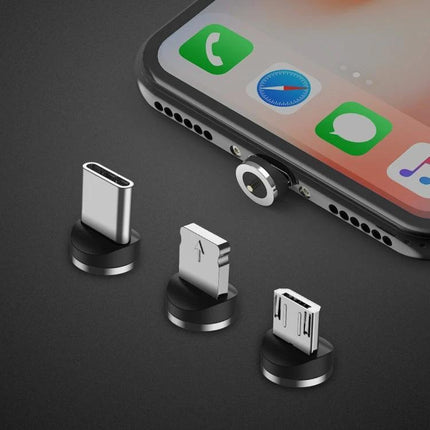Practical Magnetic Charging Cable for Daily Device Use at Home showing magnetic tip adapters (USB-C, Lightning, Micro-USB) aligning with smartphone port