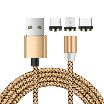 Practical Magnetic Charging Cable for Daily Device Use at Home - gold braided one-handed magnetic USB cable with three connector tips