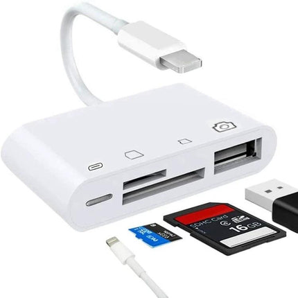 Essential Adapter for Daily Photo Transfers to Your Phone - white Lightning card reader for iPhone, SD/microSD/USB ports for quick photo and video transfer