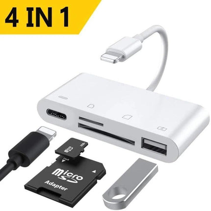 Essential Adapter for Daily Photo Transfers to Your Phone - 4-in-1 iPhone card reader with USB, SD, microSD and lightning for quick photo/video transfer