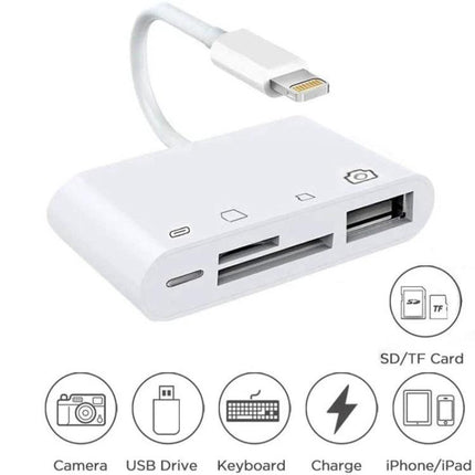 Essential Adapter for Daily Photo Transfers to Your Phone — white Lightning card reader with SD/TF, USB and keyboard support for iPhone and iPad