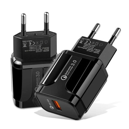 Compact EU Plug Charger for Everyday Device Power Needs - black USB Quick Charge 3.0 travel wall adapter for phone and tablet