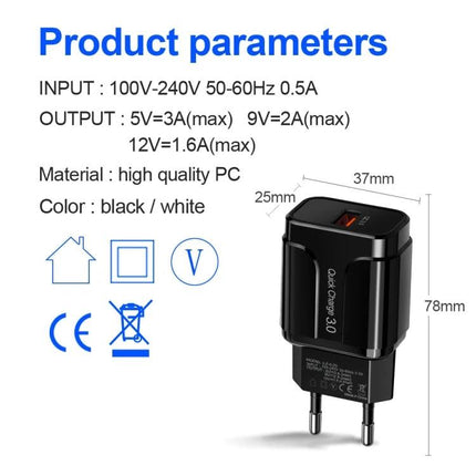 Compact EU Plug Charger for Everyday Device Power Needs – black compact EU wall charger 37x25x78mm, 5V/9V/12V outputs, Quick Charge 3.0