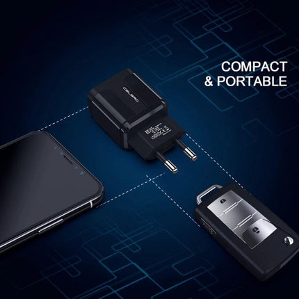 Compact EU Plug Charger for Everyday Device Power Needs — compact black EU wall charger shown with phone and detachable plug for travel