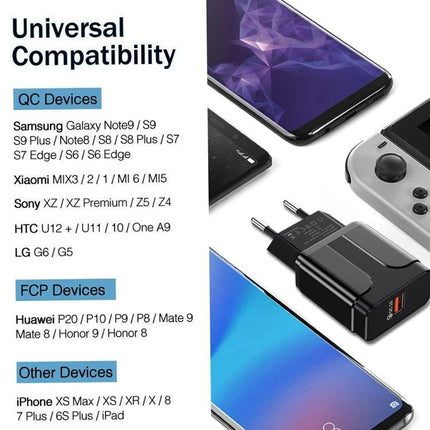 Compact EU Plug Charger for Everyday Device Power Needs compact black EU wall charger beside phones and tablet for travel and commuting
