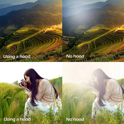 Lens Hood for Protecting Canon Camera Lenses from Stray Light - comparison showing reduced flare and improved clarity using hood