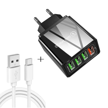 Universal Charger Set for Daily Device Charging on the Go - 4-port USB wall charger with USB-A to USB-C cable