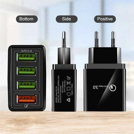 Universal Charger Set for Daily Device Charging on the Go - black 4-port USB travel wall charger shown front, side and plug views