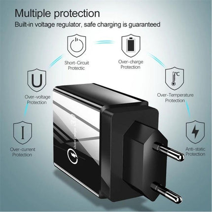 Universal Charger Set for Daily Device Charging on the Go wall plug showing multi-protection icons and four-device charging capability