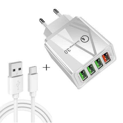 Universal Charger Set for Daily Device Charging on the Go - 4-port USB wall charger with USB-C cable for phones and tablets