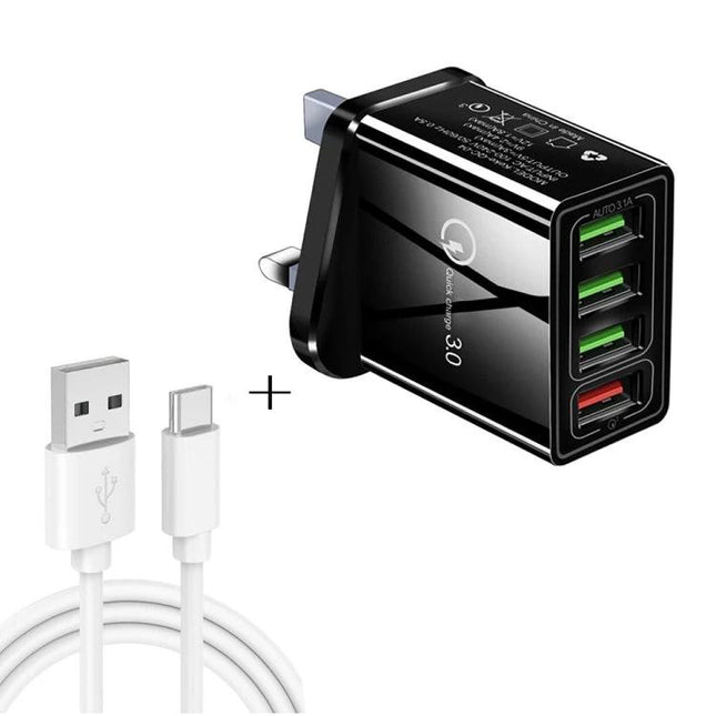 UK Plug Charger Set for Daily Mobile and Tablet Use - black 4-port USB rapid charger with USB-C cable for home and travel