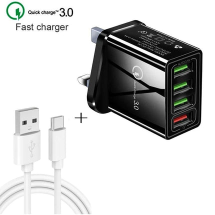 UK Plug Charger Set for Daily Mobile and Tablet Use - black 4-port fast USB wall charger with USB-C cable for phones and tablets