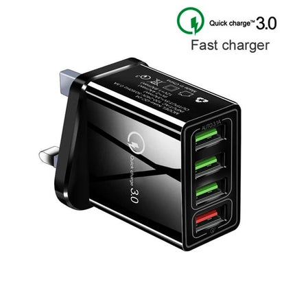 UK Plug Charger Set for Daily Mobile and Tablet Use - black 4-port fast charger with USB-A ports for phones and tablets