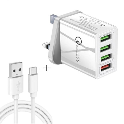 UK Plug Charger Set for Daily Mobile and Tablet Use – white 4-port USB fast charger with USB-A to USB-C cable