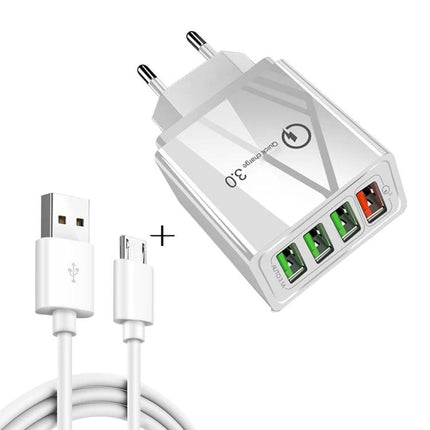 Essential Travel Charger Set for Mobile Devices and Tablets - white multiport USB wall charger with 3 green ports, 1 orange fast-charge port and USB cable