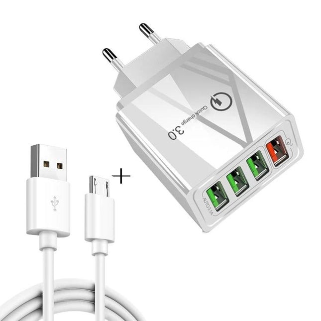 Essential Travel Charger Set for Mobile Devices and Tablets - white multiport USB wall charger with 3 green ports, 1 orange fast-charge port and USB cable