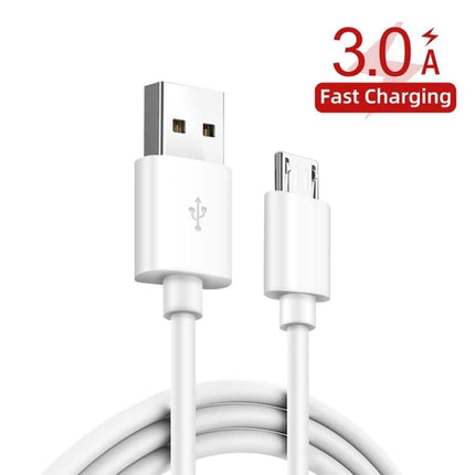 Essential Travel Charger Set for Mobile Devices and Tablets — white fast-charging USB to micro-USB cable with 3.0A label