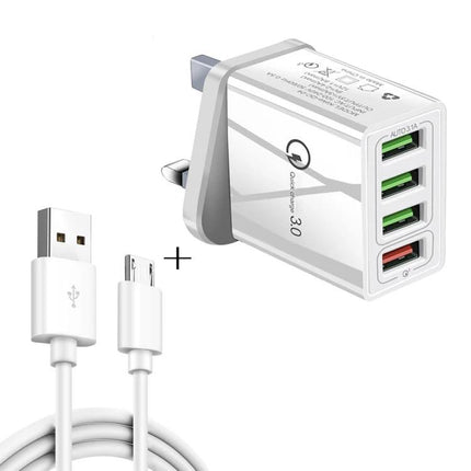 Essential Daily Charger Set for Mobile Devices and Travel - white multi-port wall charger with 4 USB ports and compatible charging cable