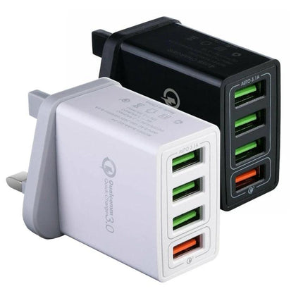 Essential Daily Charger Set for Mobile Devices and Travel - multiport travel charger with 4 USB ports (white and black)