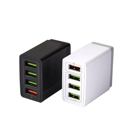 Compact Charger Set for Everyday Device Charging on the Go - compact 4-port USB chargers in black and white for phones, tablets, earbuds