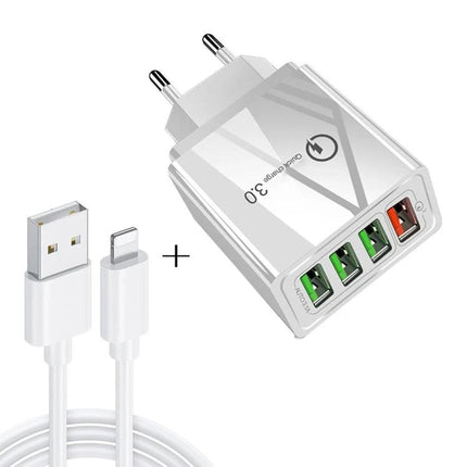 Essential Travel Charger Set for Mobile Devices and Tablets - 4-port USB travel wall charger with cable for phones and tablets