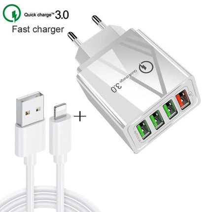 Essential Travel Charger Set for Mobile Devices and Tablets - 4-port fast USB travel charger with cable for phone and tablet