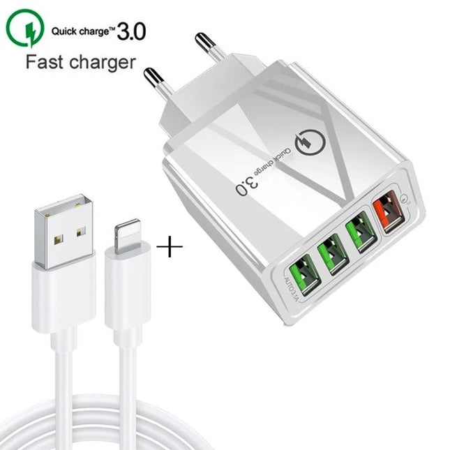 Essential Travel Charger Set for Mobile Devices and Tablets - 4-port fast USB travel charger with cable for phone and tablet