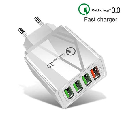 Essential Travel Charger Set for Mobile Devices and Tablets - white 4-port fast charger with Quick Charge 3.0 for phone and tablet