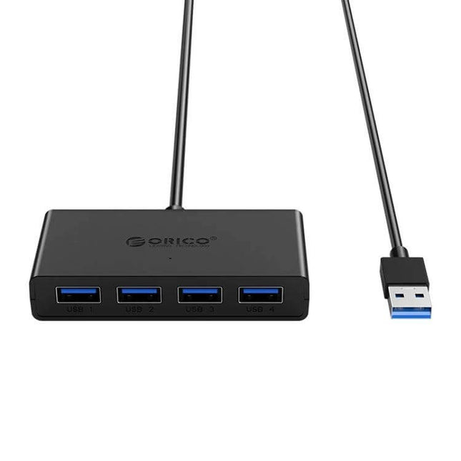 ORICO 4-Port USB 3.0 Hub for Connecting Multiple Devices — compact black hub with four blue USB 3.0 ports and attached cable