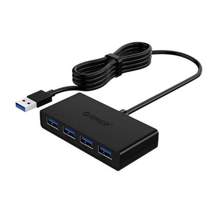 Alt Tag: ORICO 4-Port USB 3.0 Hub for Connecting Multiple Devices black compact hub with four USB 3.0 ports and attached cable
