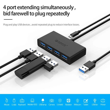 ORICO 4-Port USB 3.0 Hub for Connecting Multiple Devices showing hub with four USB cables and connected peripherals