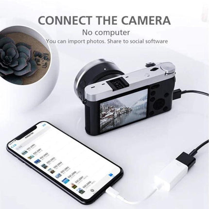 FA-STAR Adapter for Daily iOS USB Device Connections showing camera connected to iPhone for direct photo transfer, plug-and-play no computer required