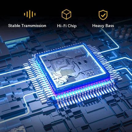 EWA Compact Bluetooth Speaker For Home And Commute showing hi-fi chip circuit board graphic highlighting stable transmission and bass