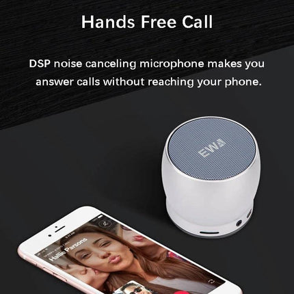 EWA Compact Bluetooth Speaker For Home And Commute showing small white speaker beside smartphone for hands-free calls