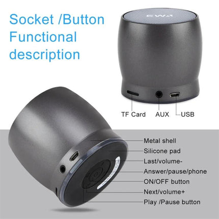 EWA Compact Bluetooth Speaker For Home And Commute showing ports TF AUX USB and control buttons, portable 7x7x6.4 cm