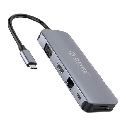 Orico 11-in-1 Multifunction Docking Station for Device Connectivity slim aluminum hub showing HDMI, VGA, Ethernet, USB-C, SD card slots