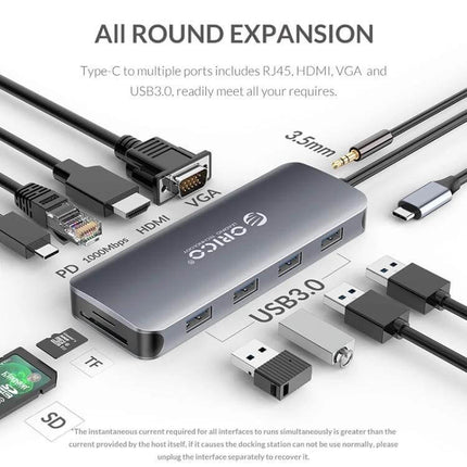Orico 11-in-1 Multifunction Docking Station for Device Connectivity displaying multiple ports (HDMI, VGA, RJ45, USB3.0) with aluminum body and connected peripherals