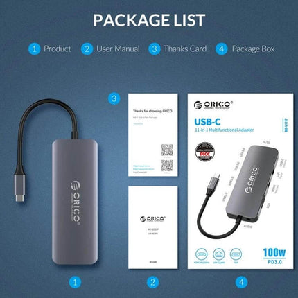 Orico 11-in-1 Multifunction Docking Station for Device Connectivity showing product, user manual, thanks card and package box on blue background