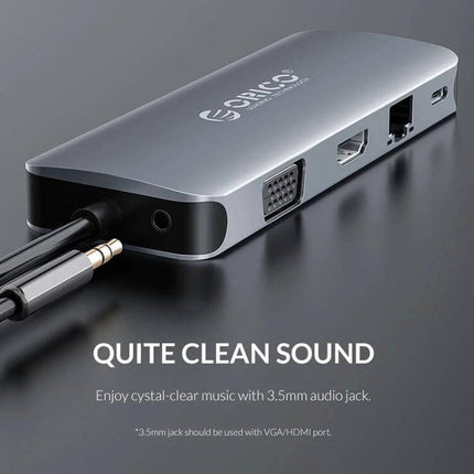 Orico 11-in-1 Multifunction Docking Station for Device Connectivity showing aluminum hub with 3.5mm audio jack and multiple ports