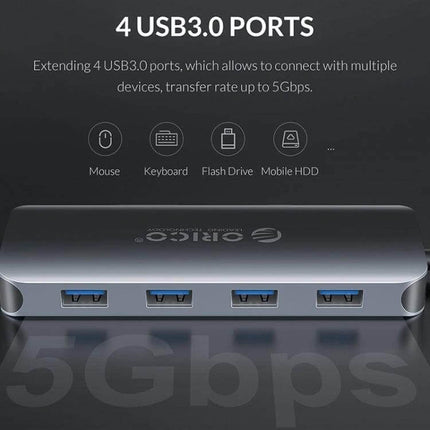 Orico 11-in-1 Multifunction Docking Station for Device Connectivity showing 4 USB3.0 ports for mouse, keyboard, flash drive and mobile HDD, aluminum hub