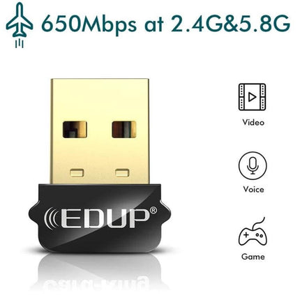 EDUP USB WiFi Adapter for Wireless Internet on Laptops and Desktops compact USB nano adapter 650Mbps 2.4G&5.8G for video voice and gaming
