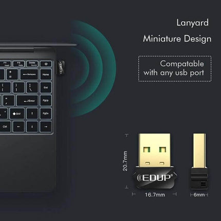 EDUP USB WiFi Adapter for Wireless Internet on Laptops and Desktops compact USB WiFi dongle plugged into laptop showing miniature design and dimensions